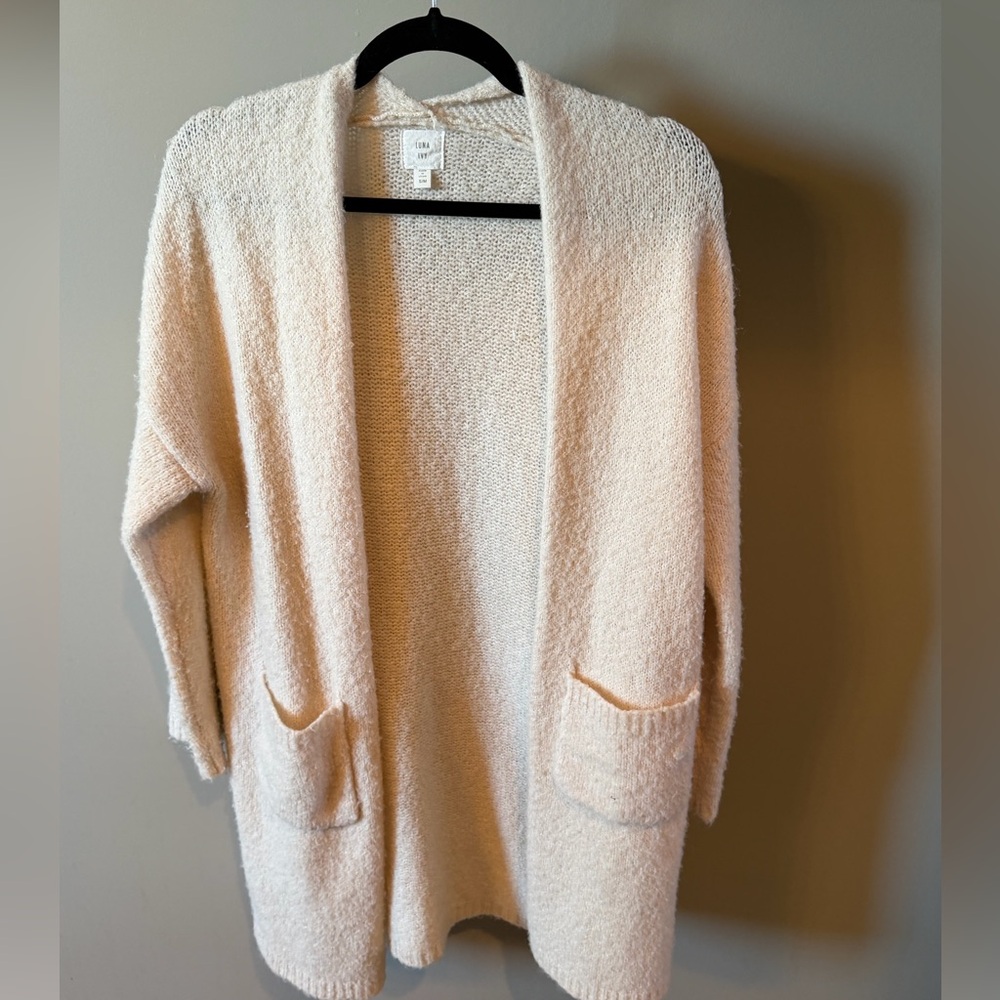 Eileen Fisher Open-Front Cream Knit Cardigan with Pockets